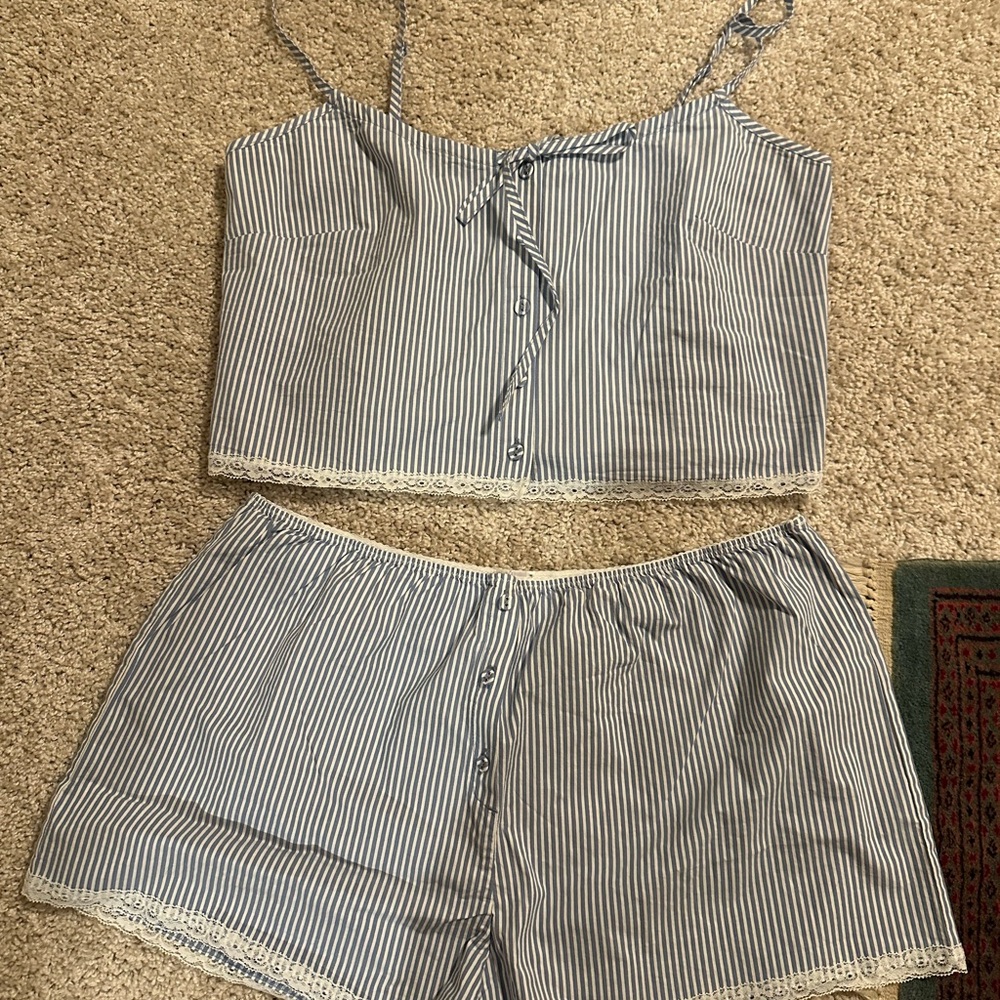 SKIMS Blue and White Striped Pajama Set